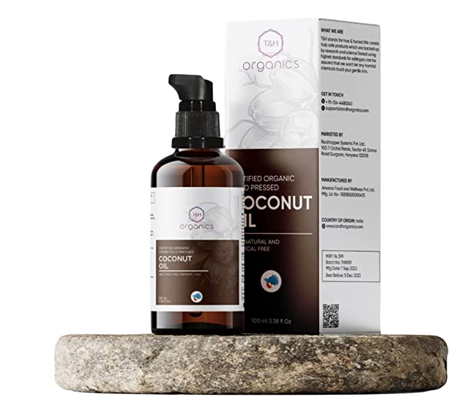T&H Organics Cold Pressed Certified Organic Virgin Coconut Oil for baby massage , hair and skin| 100 ml