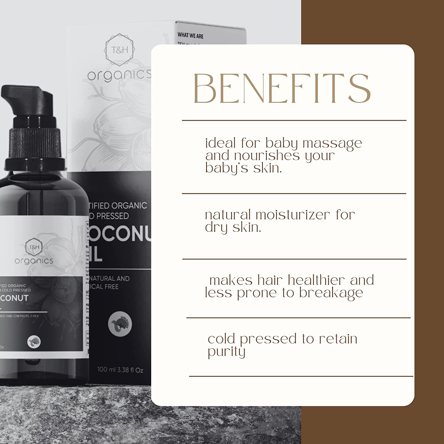 T&H Organics Cold Pressed Certified Organic Virgin Coconut Oil for baby massage , hair and skin| 100 ml