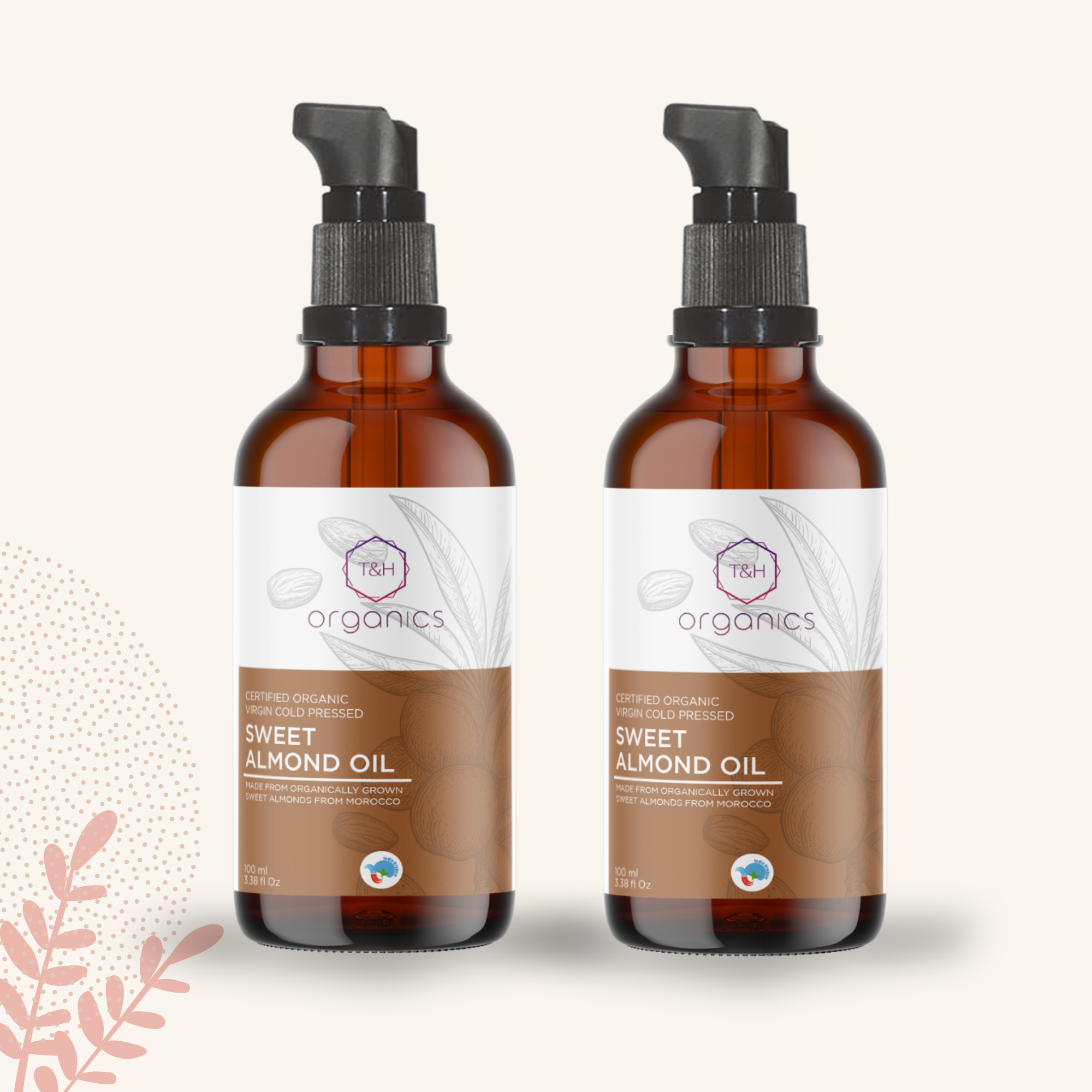 T&H Organics 100% Organic Cold Pressed Sweet Almond Oil | Certified Organic | For Anti hair fall , skin care and massage | 100 ml (Pack of 2)