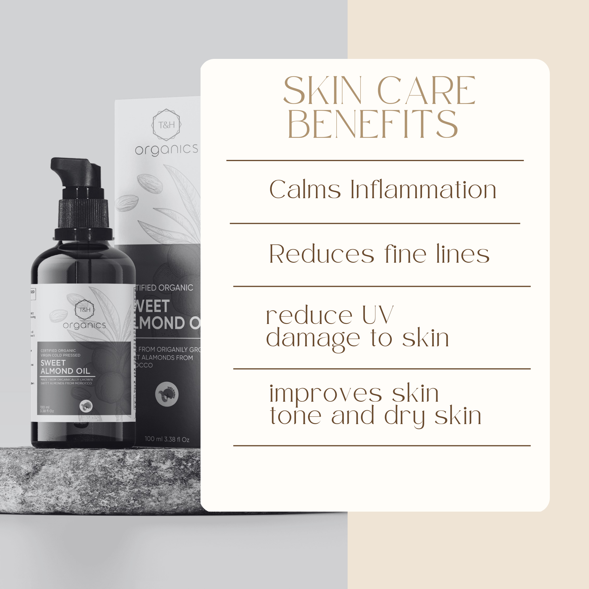 T&H Organics 100% Organic Cold Pressed Sweet Almond Oil | Certified Organic | For Anti hair fall , skin care and massage | 100 ml