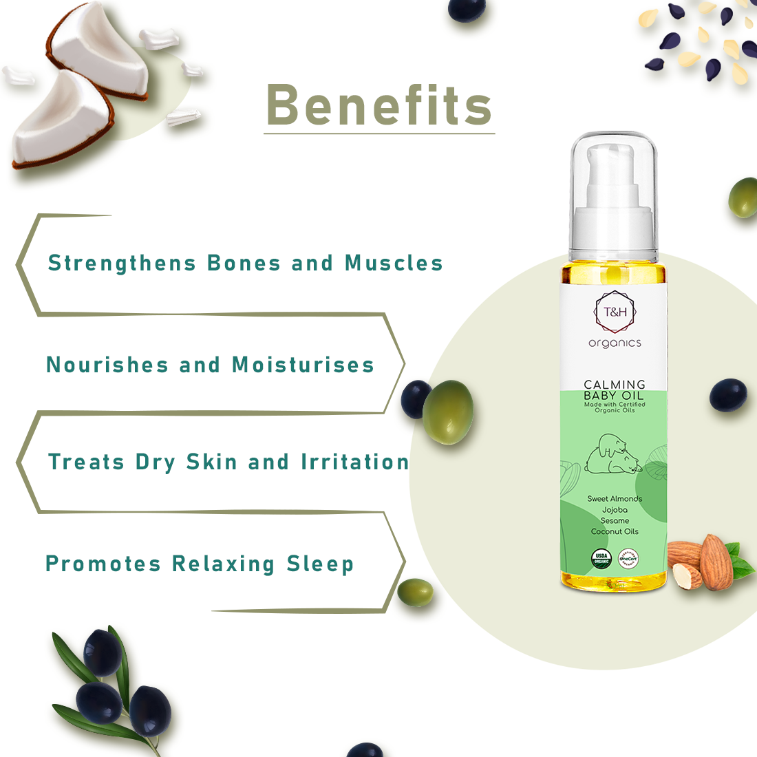 T&H Organics Calming Organic Baby Massage Oil with Almond Oil, Coconut Oil , Sesame Oil and Olive oil