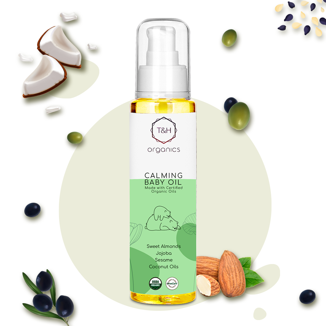 T&H Organics Calming Organic Baby Massage Oil with Almond Oil, Coconut Oil , Sesame Oil and Olive oil