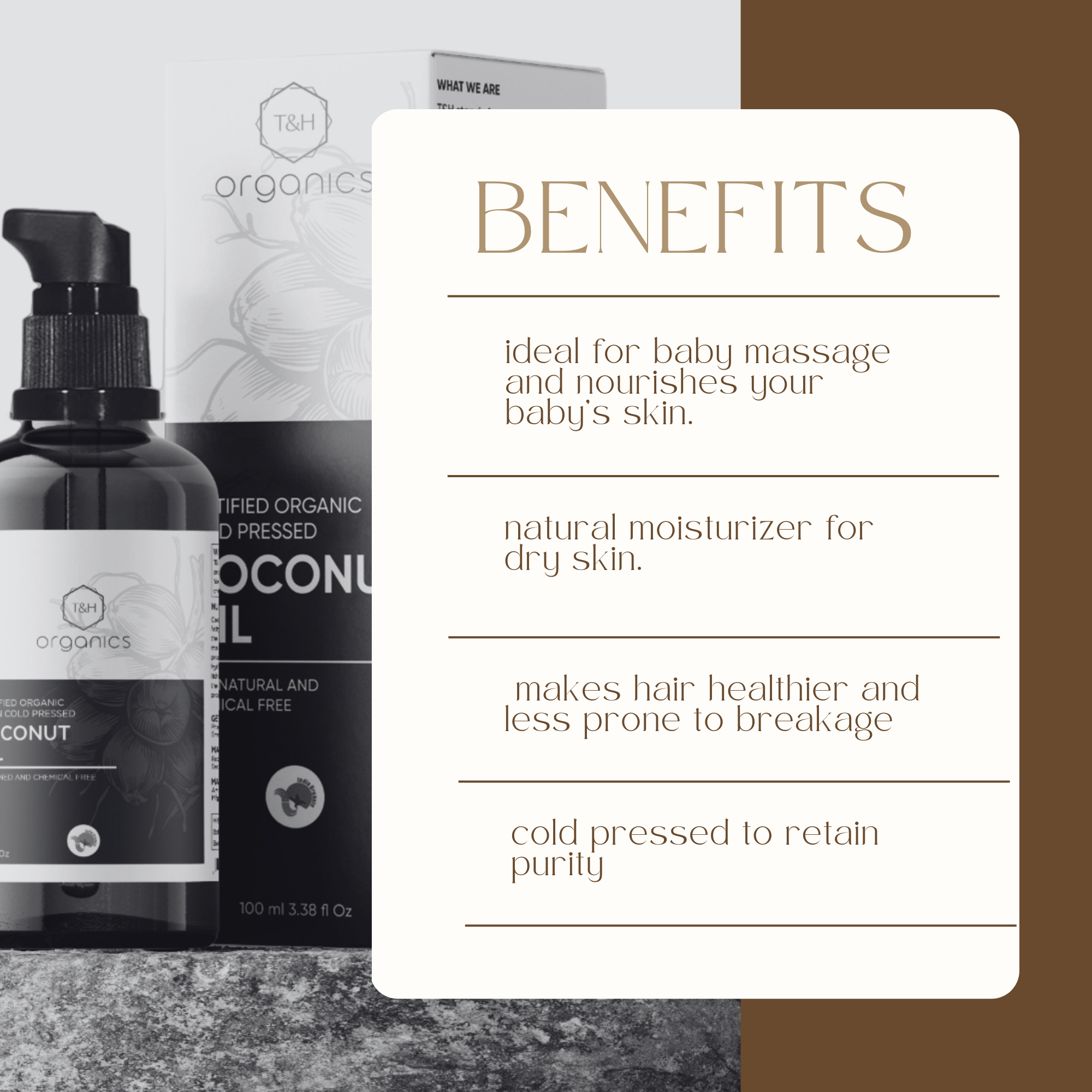 T&H Organics 100% Organic Cold Pressed Virgin Coconut Oil , For Baby Massage and Hair Care, In Glass Bottle ,100 ml