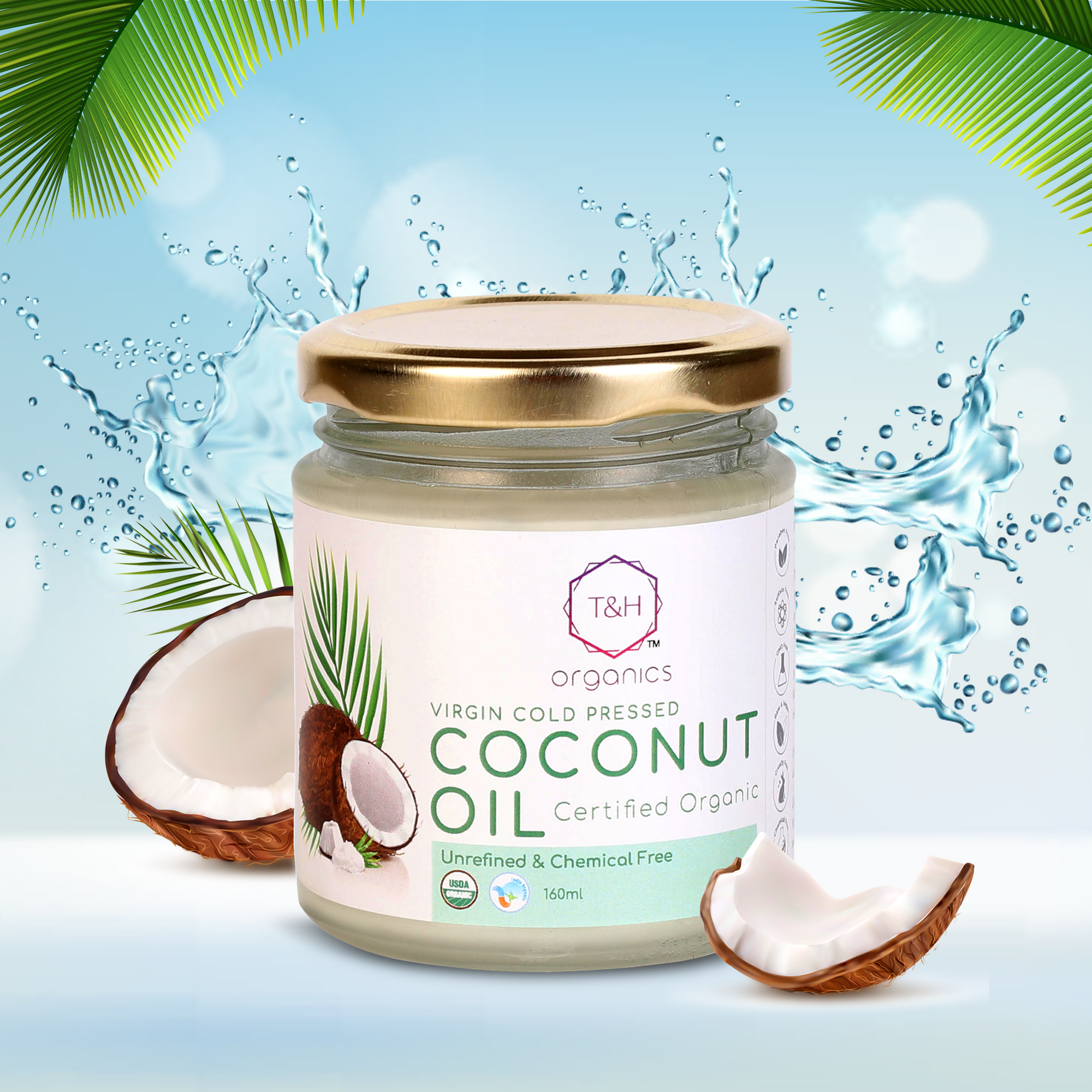 T&H Organics Cold Pressed Certified Organic Virgin Coconut Oil for baby massage , hair and skin
