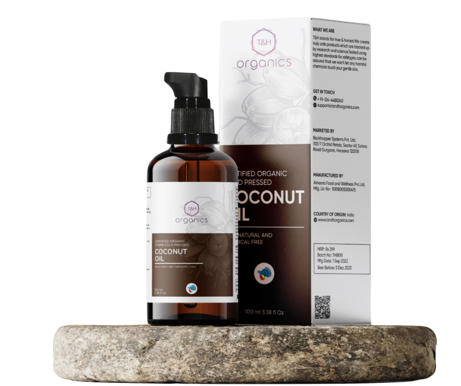 T&H Organics 100% Organic Cold Pressed Virgin Coconut Oil , For Baby Massage and Hair Care, In Glass Bottle ,100 ml