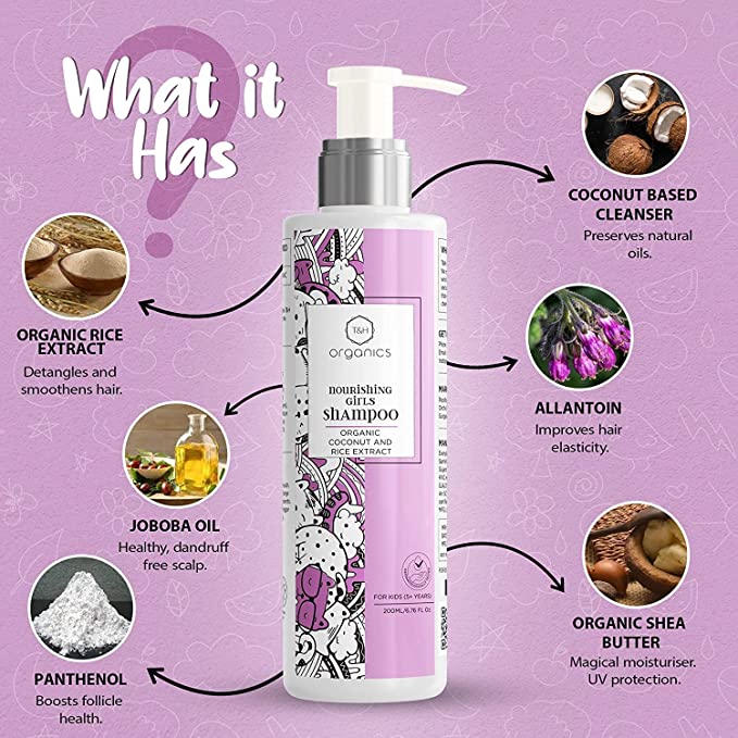 T&H Organics Nourishing Girls Shampoo with Organic Coconut and Rice Extracts, Dermatologically tested,200 gm