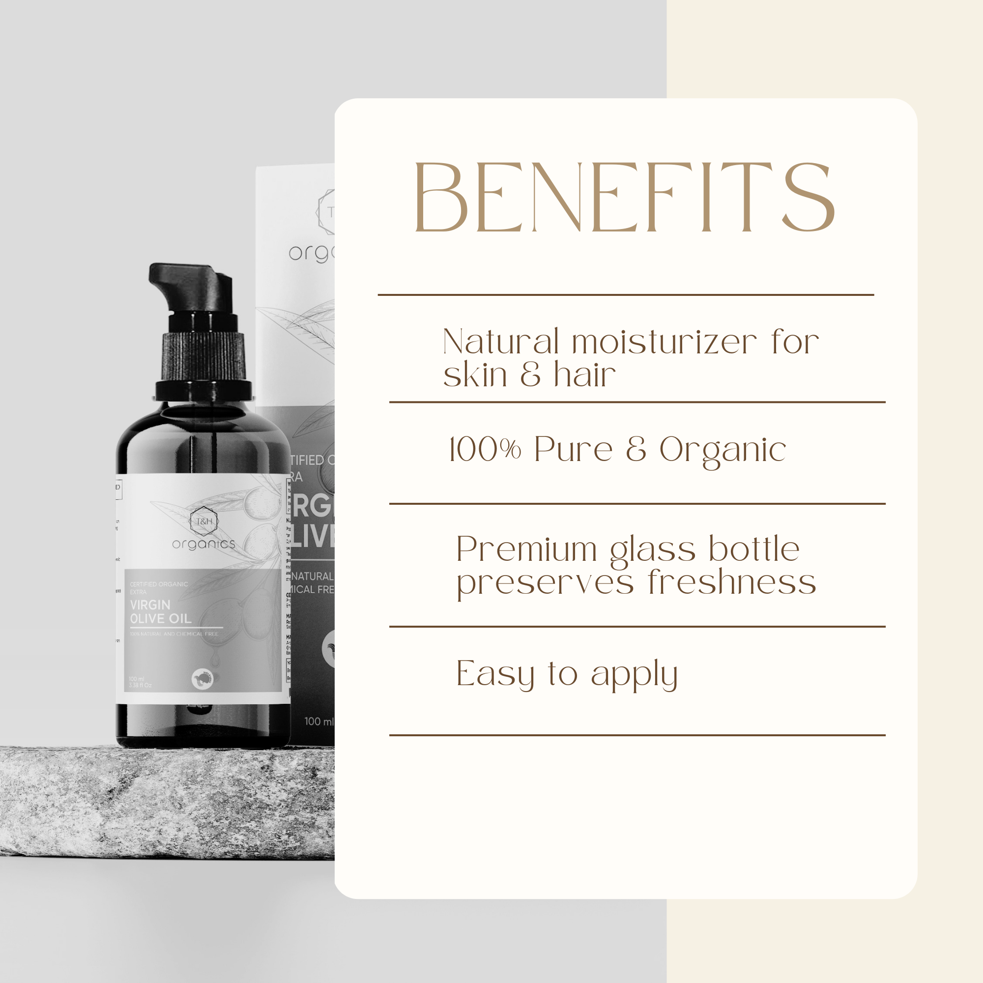 T&H Organics Cold Pressed Organic Olive Oil Hair, Skin and Baby Massage | 100% Pure, Natural and Organic Olive Oil | 100 ml | In Glass Bottle