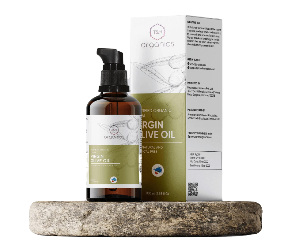 T&H Organics Cold Pressed Organic Olive Oil Hair, Skin and Baby Massage | 100% Pure, Natural and Organic Olive Oil | 100 ml | In Glass Bottle