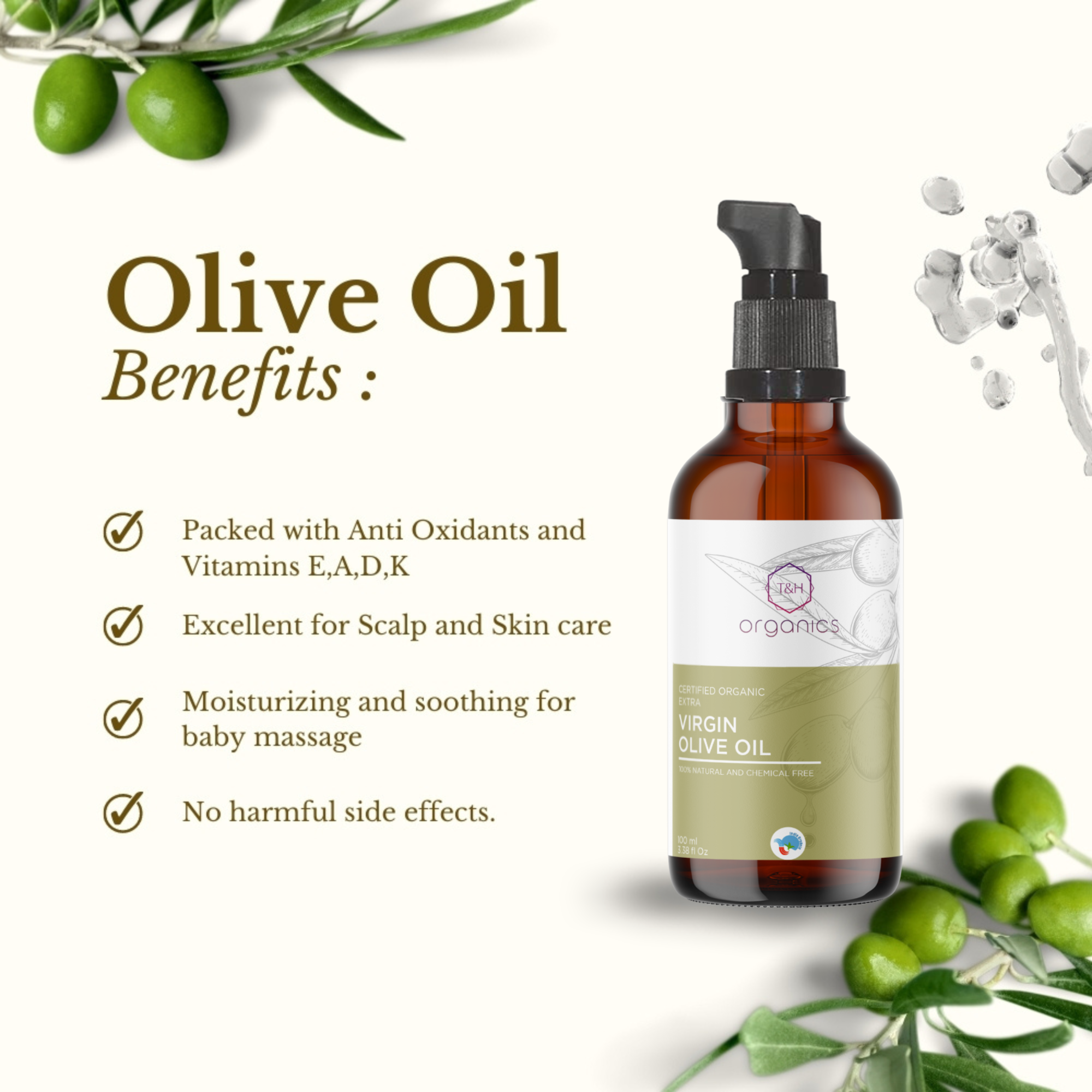 T&H Organics Cold Pressed Organic Olive Oil Hair, Skin and Baby Massage | 100% Pure, Natural and Organic Olive Oil | 100 ml | (Pack of 2)