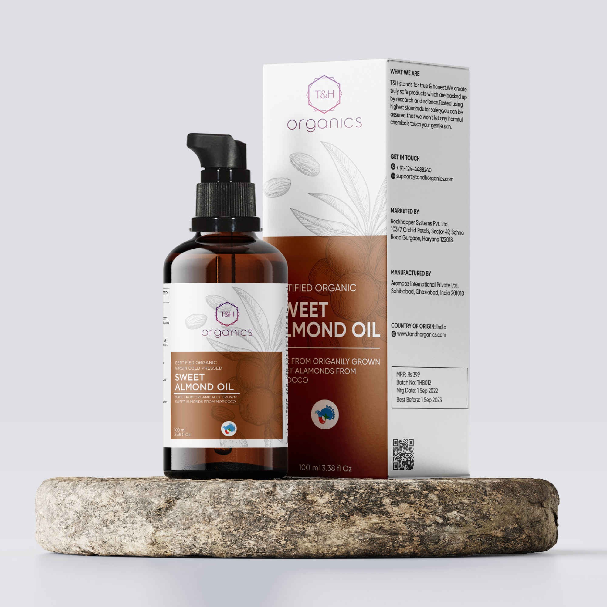 T&H Organics 100% Organic Cold Pressed Sweet Almond Oil | Certified Organic | For Anti hair fall , skin care and massage | 100 ml