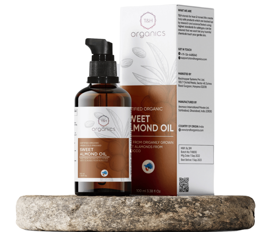 T&H Organics 100% Organic Cold Pressed Sweet Almond Oil | Certified Organic | For Anti hair fall , skin care and massage | 100 ml