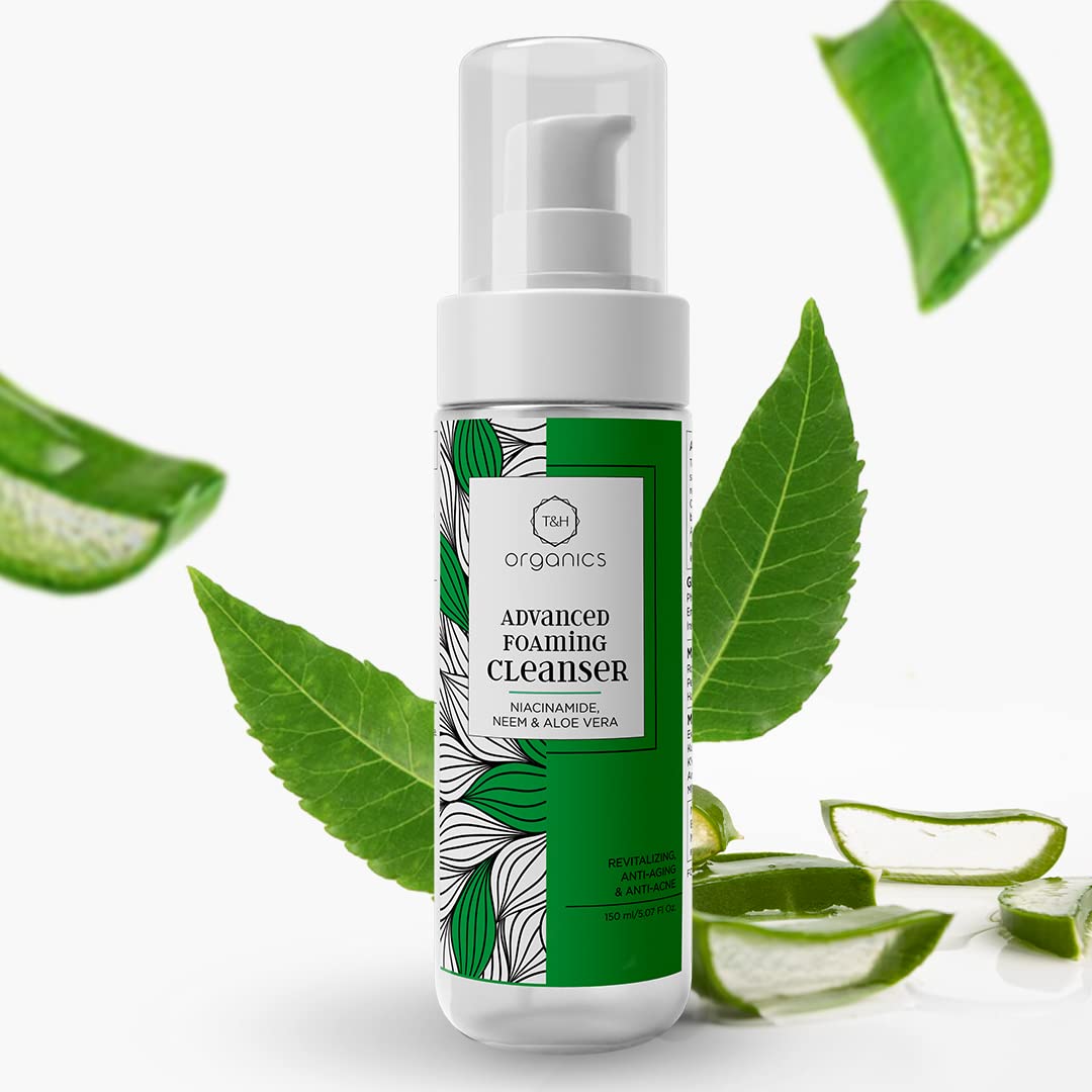 T&H Organics Advanced Foaming Cleanser with 3% Niacinamide ,Organic Neem and Aloe Vera | Anti Acne & Pimples & skin Brightening I Oily Skin, 150 ml