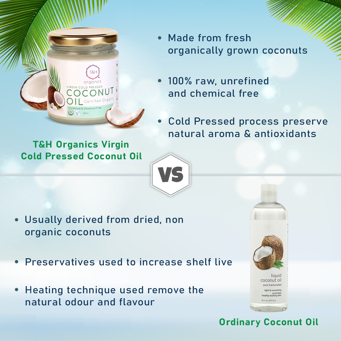 T&H Organics Cold Pressed Certified Organic Virgin Coconut Oil for baby massage , hair and skin
