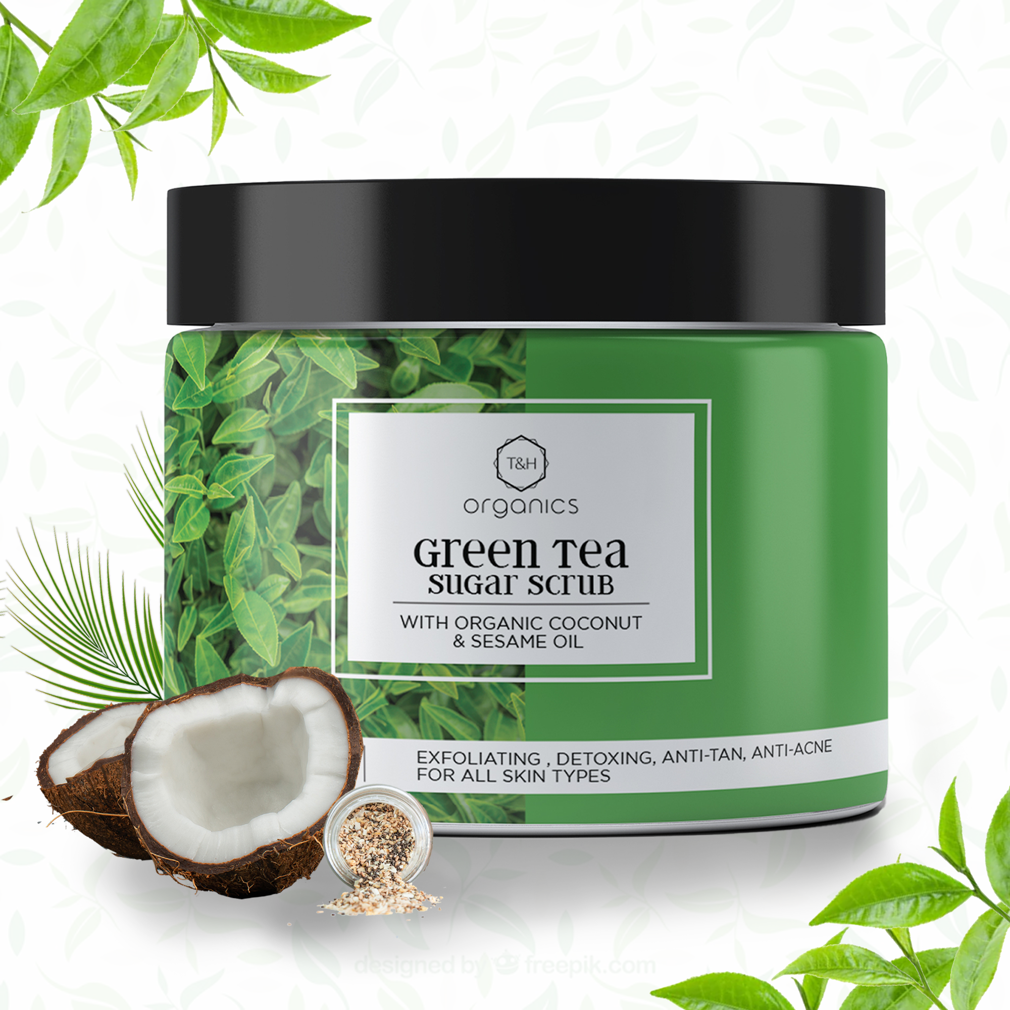 T&H Organics Green Tea Sugar Scrub with Organic Coconut and Sesame oil,100 gm