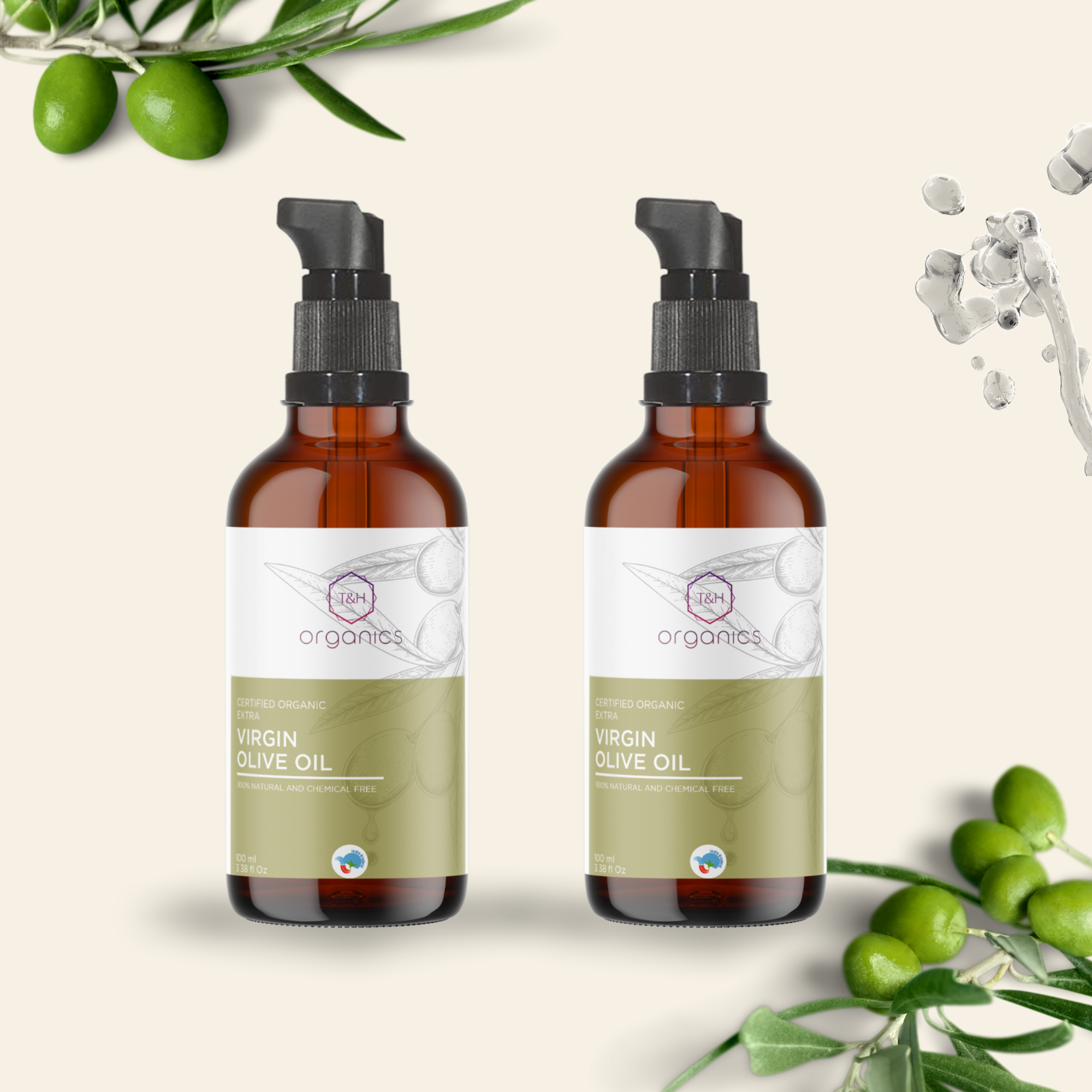T&H Organics Cold Pressed Organic Olive Oil Hair, Skin and Baby Massage | 100% Pure, Natural and Organic Olive Oil | 100 ml | (Pack of 2)